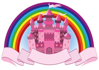 Fairy Tale pink magic castle and rainbow
