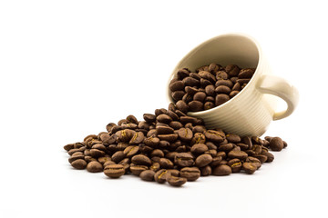 Brown roasted coffee beans in coffee cup.