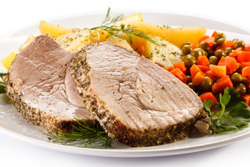 Roast pork, potatoes and vegetable salad