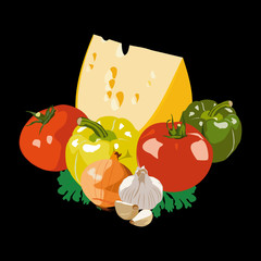 cheese and vegetables on a black background