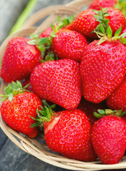 basket with strawberries on a garden wooden table