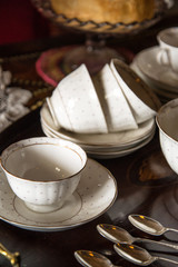 18th Century cups and saucers crockery on inlaid wooden serving
