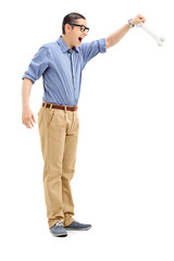 Young man holding a bone