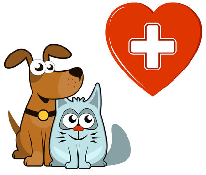 dog and cat with medical heart and cross