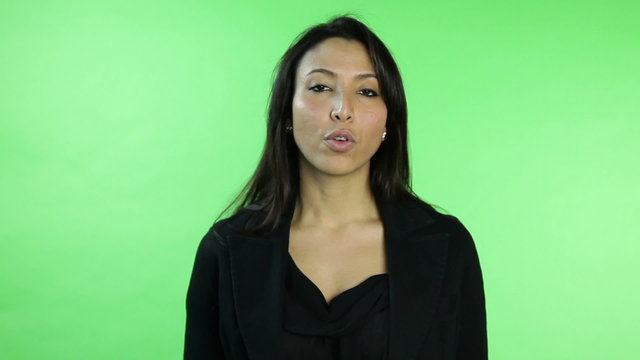 business woman isolated on green screen upset interview