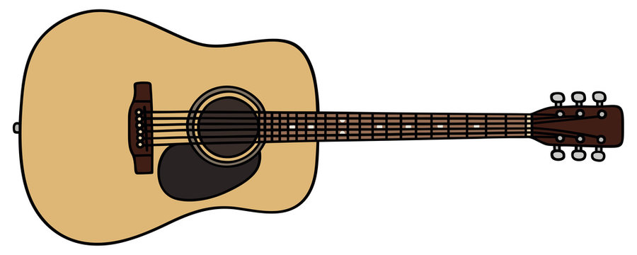 Acoustic ornate folk girly guitar with flowers, doodle funky flat vector  art on white background, groovy hippie or country festival clipart  illustration. Editable isolated details. Unique music print Stock Vector