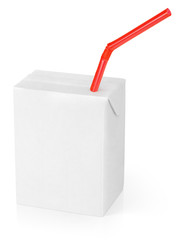 200 ml milk or juice carton package with red straw on white