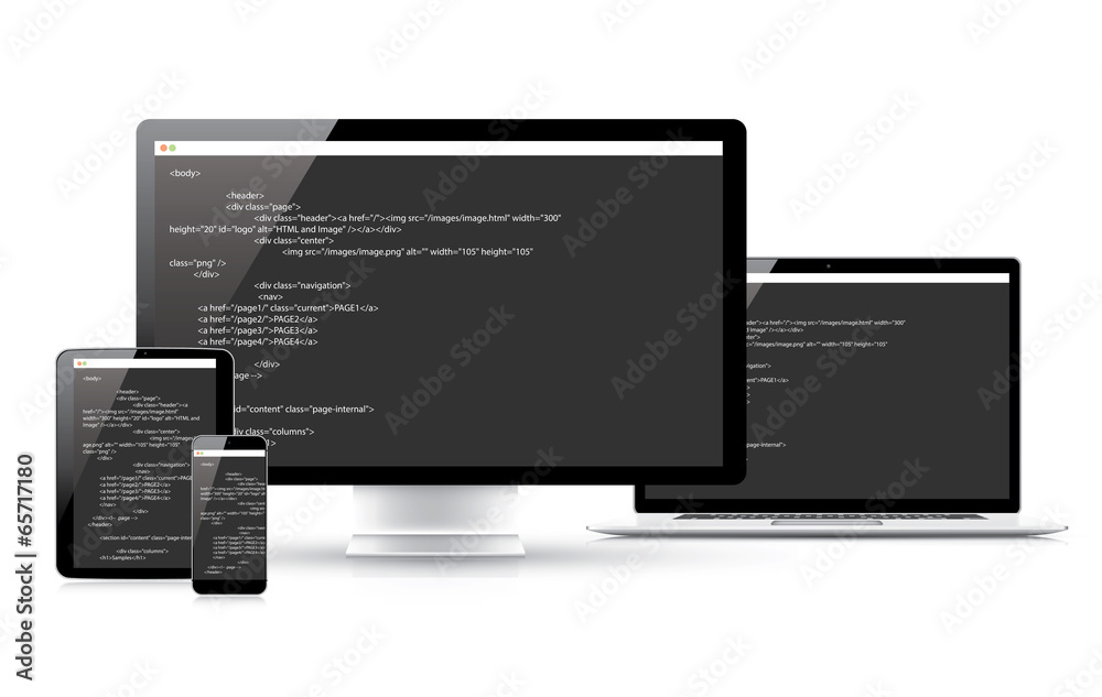 Fototapete Website coding development vector concept in electronic devices