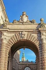 Fototapeta na wymiar Arch of parliament and Drottninggatan street in Stockholm