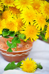 Obraz na płótnie Canvas Bouquet of dandelions in a ceramic jug