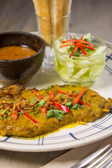 satay steak spicy sauce close up