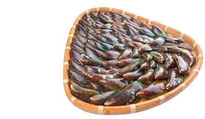 A  group of mussel in a wicker tray over white background