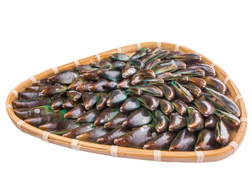 A  group of mussel in a wicker tray over white background