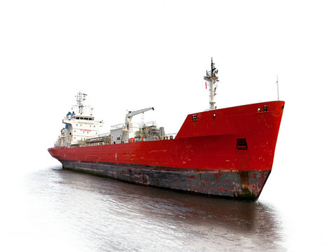 Photo of a tanker ship isolated on white background.