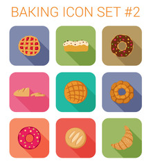 Flat style long shadow pastry vector icon set. Croissant, donuts