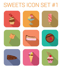 Flat style long shadow sweet vector icon set. Cake, ice cream.