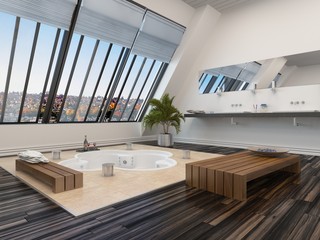 Modern bathroom interior with a sunken spa bath - obrazy, fototapety, plakaty