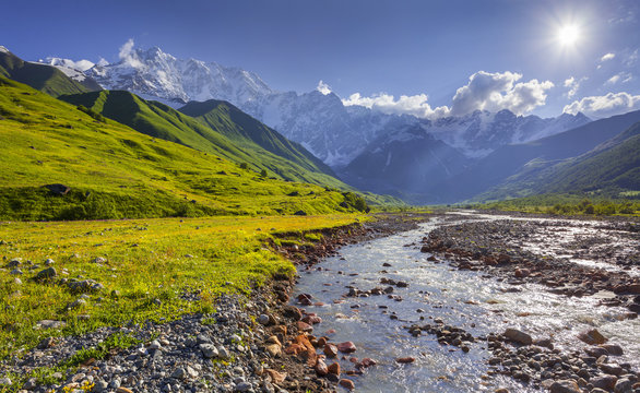 Alpine meadows at the foot of Tetnuldi glacier, Chkhutnieri pass