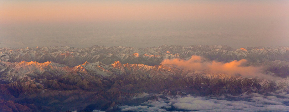 beautiful view from the aircraft to the mountains of the Himalay