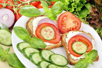 Sandwich with cottage cheese, tomato, onion and cabbage on white