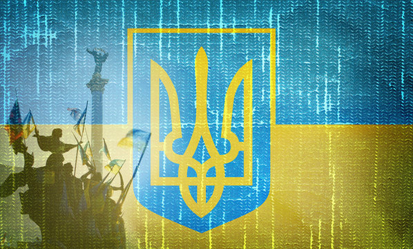 Grunge Ukrainian flag with trident and  Independence monument