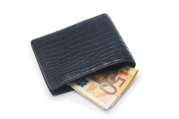 Leather wallet with money isolated on white background