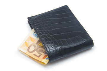 Leather wallet with money isolated on white background