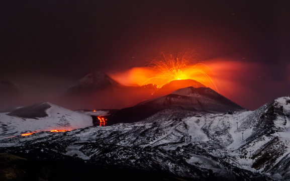 Eruption volcano Etna lava flow