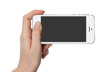 Woman holding white smart phone with isolated screen in hand