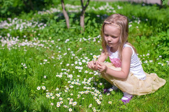 Little girl picking flowers in green glade