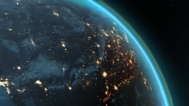 Planet earth America zone with night time and sunrise
