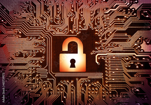hacked symbol on computer circuit board with open red padlock\