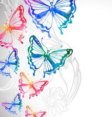 Naklejki  Kolorowe tło z akwarelowymi motylami i kwiatami