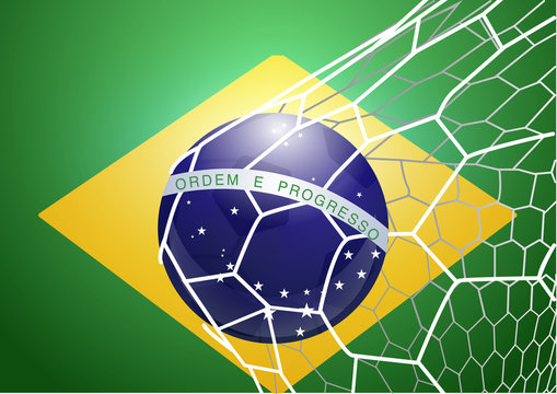 Soccer ball in net with brazil flag, Vector illustration modern