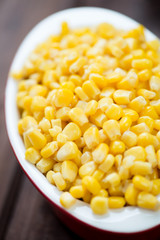Vertical shot of sweet corn kernels in a glass bowl, close-up