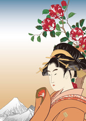 歌麿 美人画と広重 上野下寺つばきのイメージイラスト