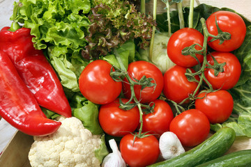 Fresh vegetables in a wooden box