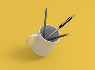 Tasse mit Stiften schwebend Hintergrund gelb