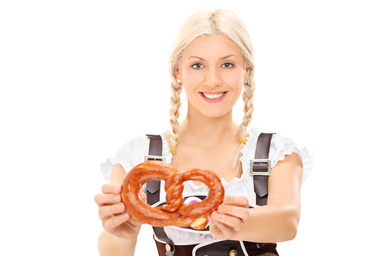 Blond Woman Holding A Pretzel