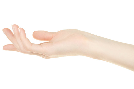 Female hand open, palm up on white, clipping path