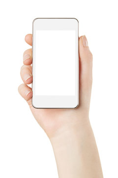 Smart phone in hand with blank screen on white, clipping path