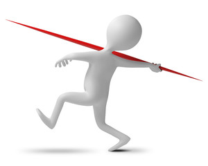 Funny character throws a spear at athletic competition. 3d illus