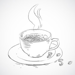 Vector hand drawn sketch coffee cup and coffee beans