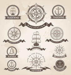 Vintage nautical label icon set. Retro vector design elements. - 65751784