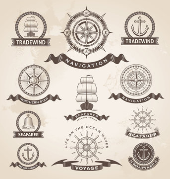 Vintage nautical label icon set. Retro vector design elements.