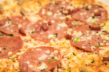 Closeup of Pepperoni on Hot Pizza