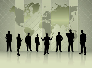 silhouettes of business people with world map conference concept