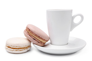 Cup of coffee  with colorful french macaroons
