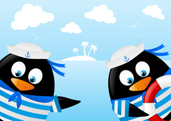 Cute penguin sailors on sea background