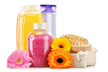 Plastic bottles of body care and beauty products